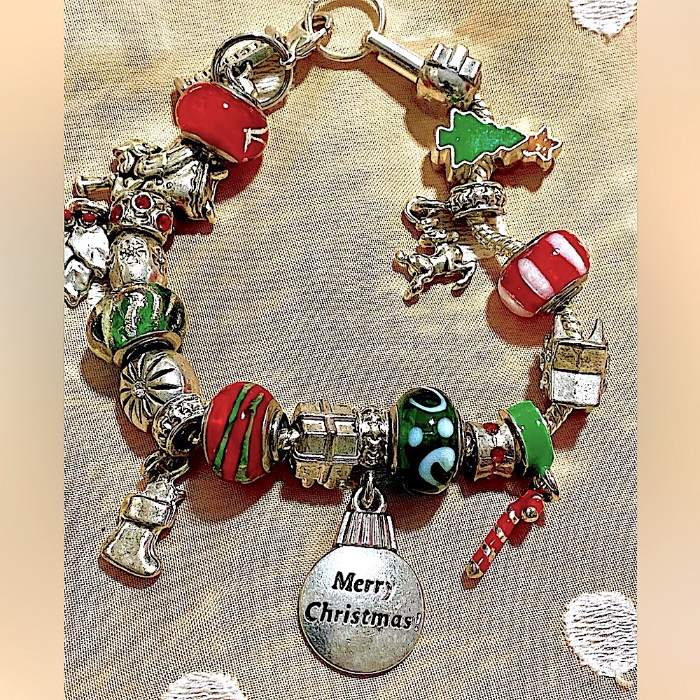 Sterling silver Christmas charms rope chain bracelet painted Milano glass